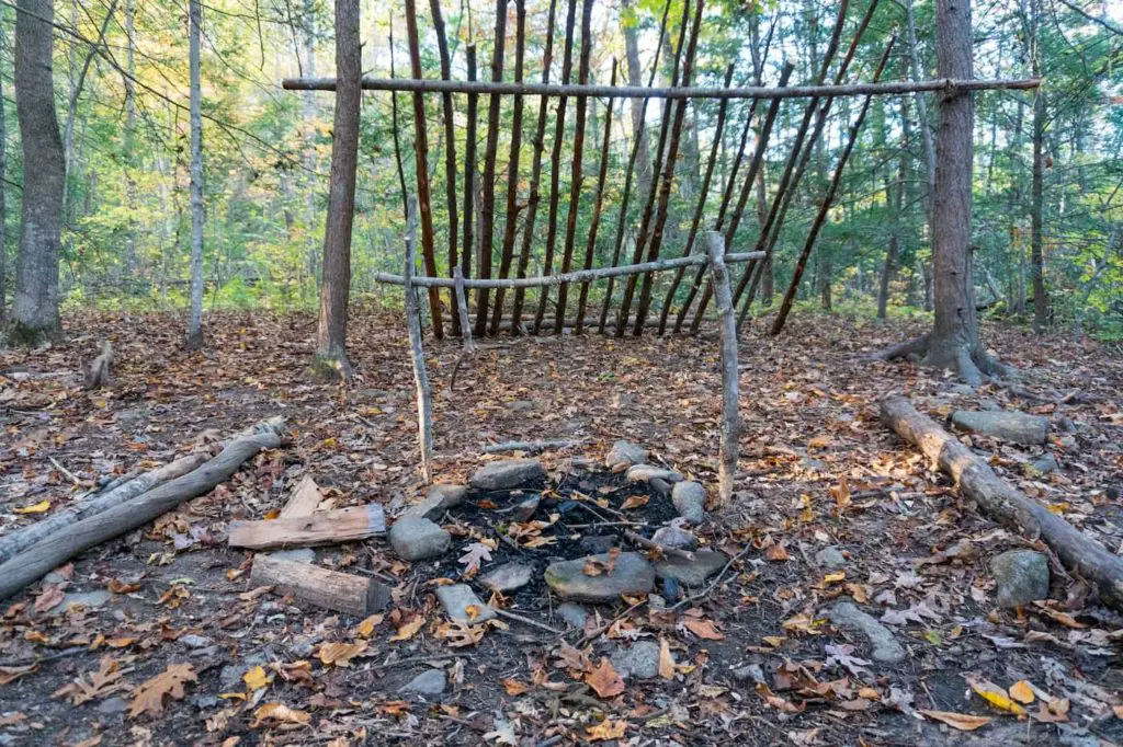 Primitive camping site with a stone circle for fire and branches for seats. What Does Primitive Camping Mean? It is to enjoy outside without the hustle and bustle of a campground.